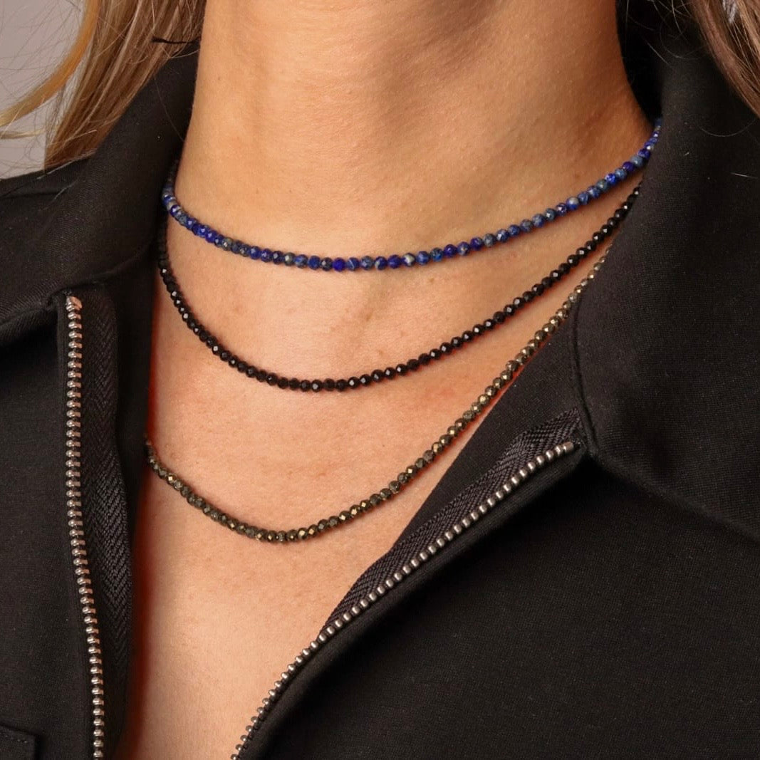 Collier en Perles Naturelles - Pyrite, Lapis Lazuli ou Tourmaline Noire